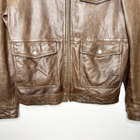 Banana Republic Brown Leather Bomber Jacket Mens M Full Zip Band Collar Lined - Picture 4 of 13